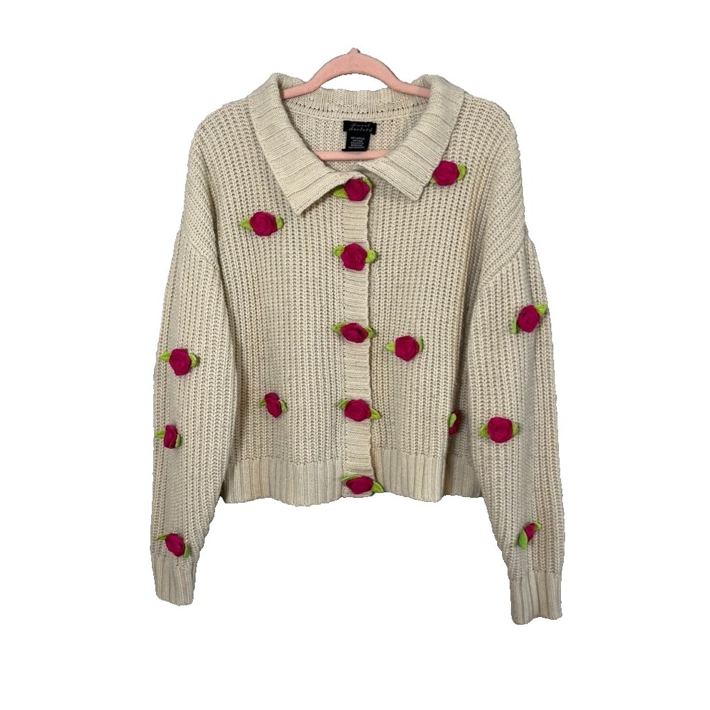 Retro Chunky Rosette Knit Sweater Cardigan XL Boho Romantic Colorful